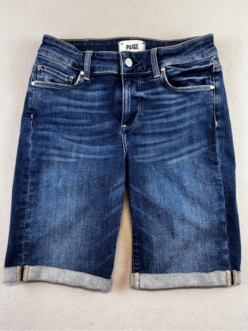PAIGE Jax Mid-Dark Wash Knee Shorts